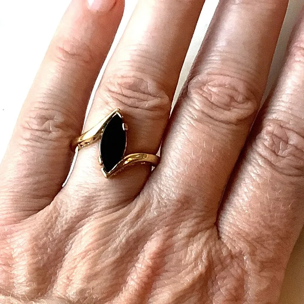 Vintage Black Onyx Gold Plated Marquis Ring Size 9 Statement